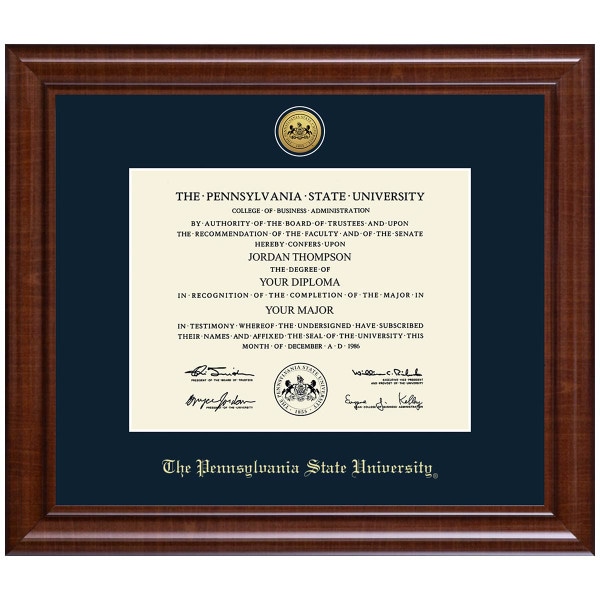 diploma frame #132, gold medallion seal The Pennsylvania State University, navy mat, Prescott molding walnut finish